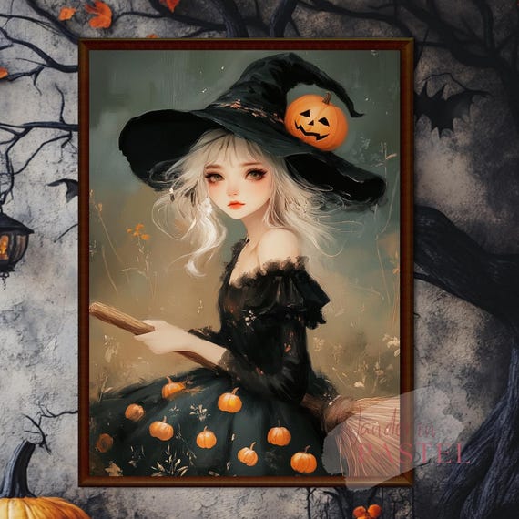 Whimsical Halloween Witch Holding A Broom Wall Art Decor Black Orange Oil Painting Style Print