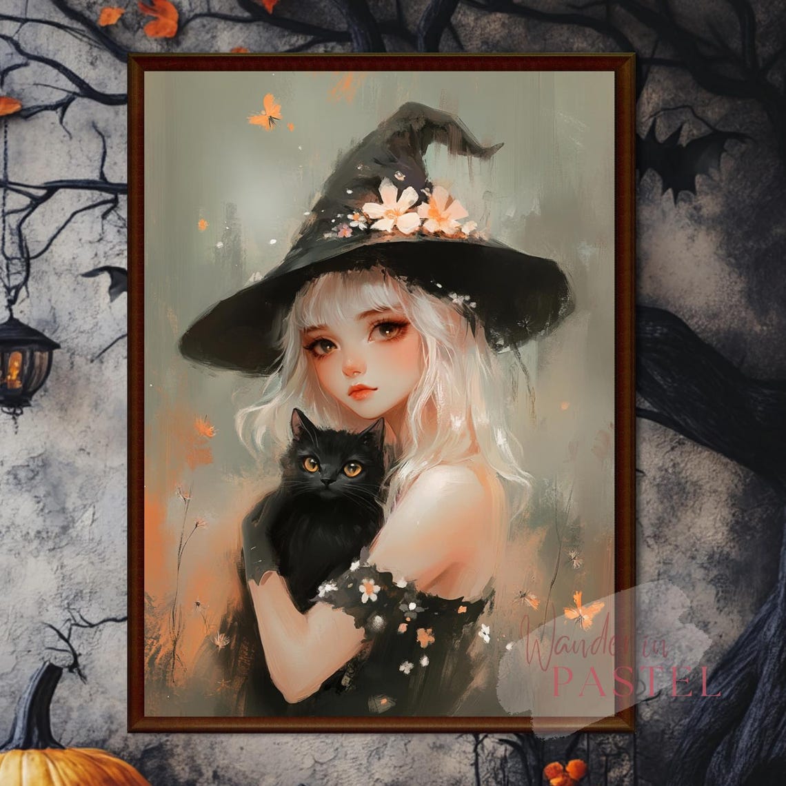 Cute Halloween Witch Girl Black Cat Autumn Anime Portrait Poster