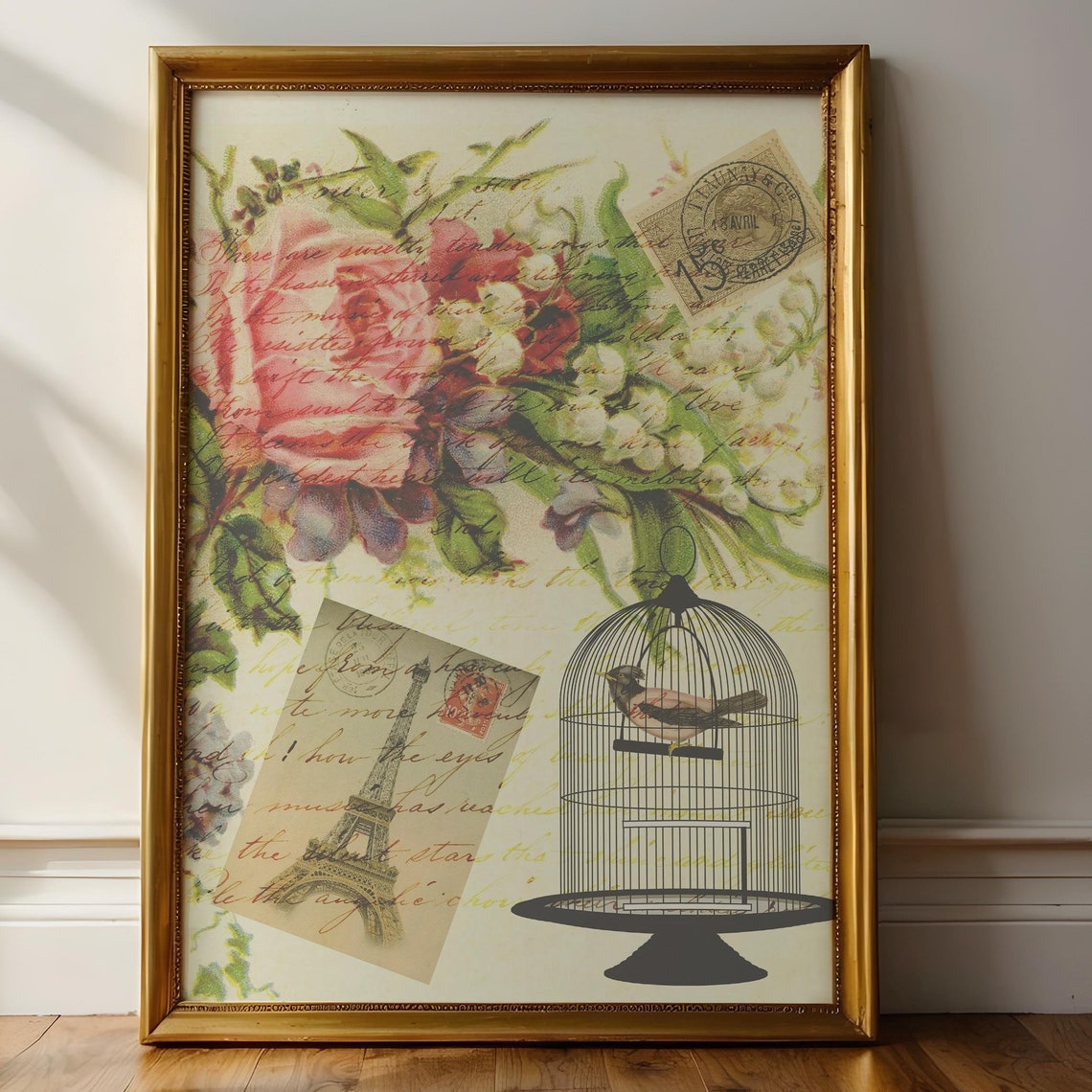 Vintage French Collage Eiffel Tower Birdcage Roses Paris Wall Art