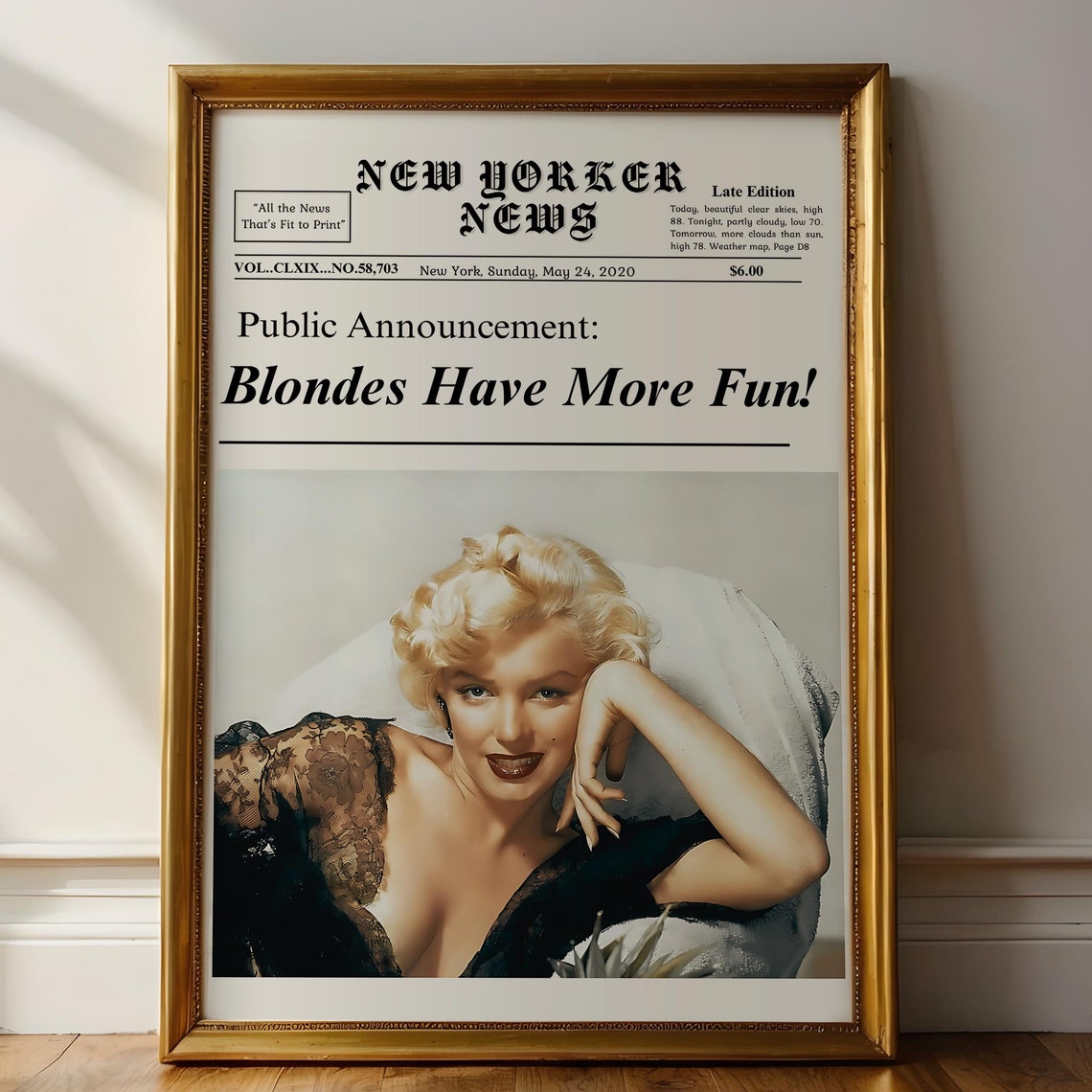 Marilyn Monroe Blondes Have More Fun Retro Newspaper Wall Art