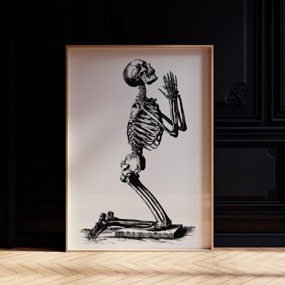 Kneeling Praying Skeleton Vintage Halloween Gothic Wall Poster