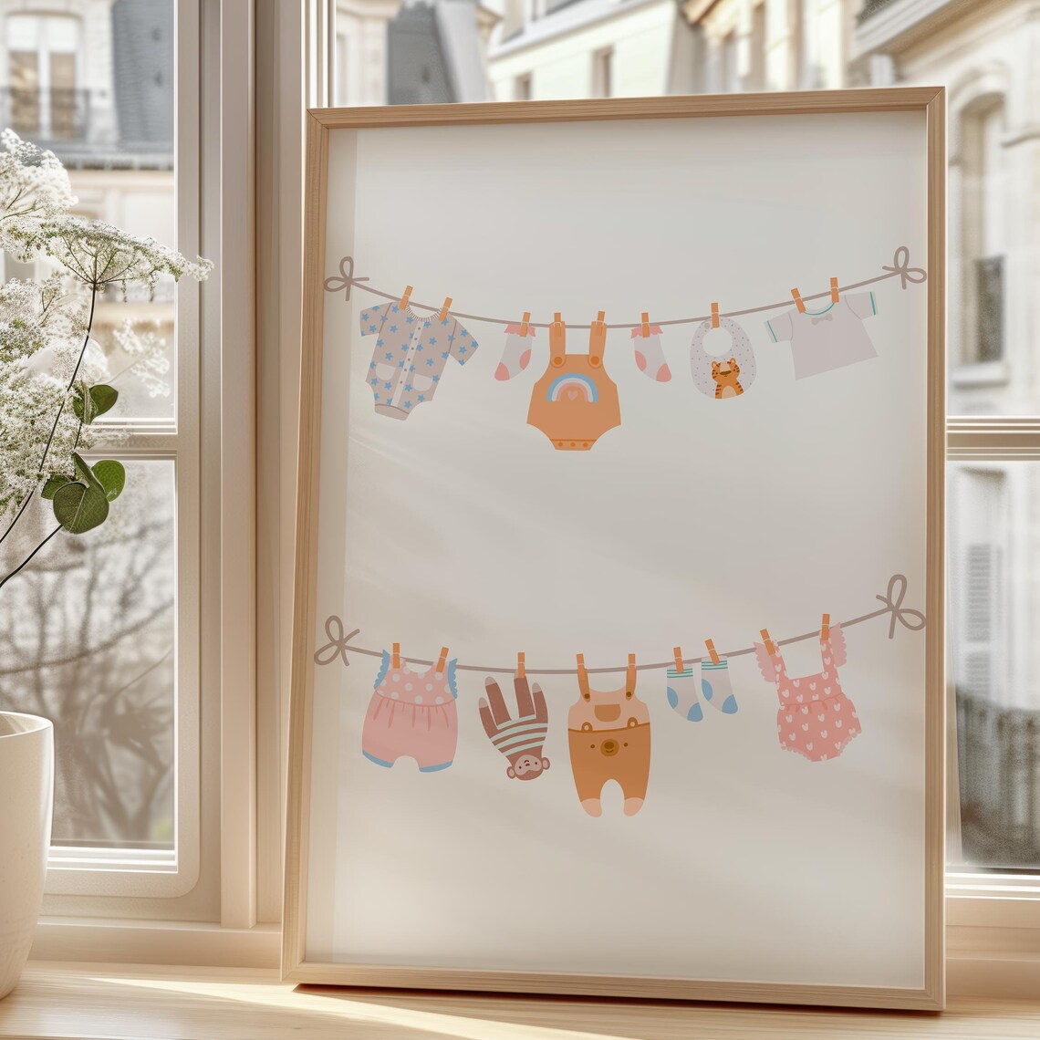 Pastel Baby Clothes Clothesline Illustration Nursery Wall Art