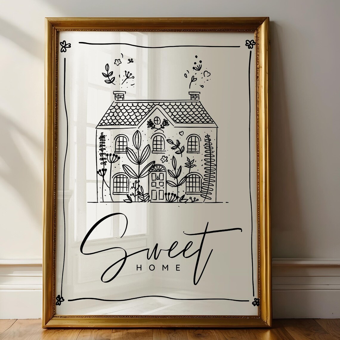 Sweet Home Cottage Line Art Print Hand Drawn Botanical Welcome Poster