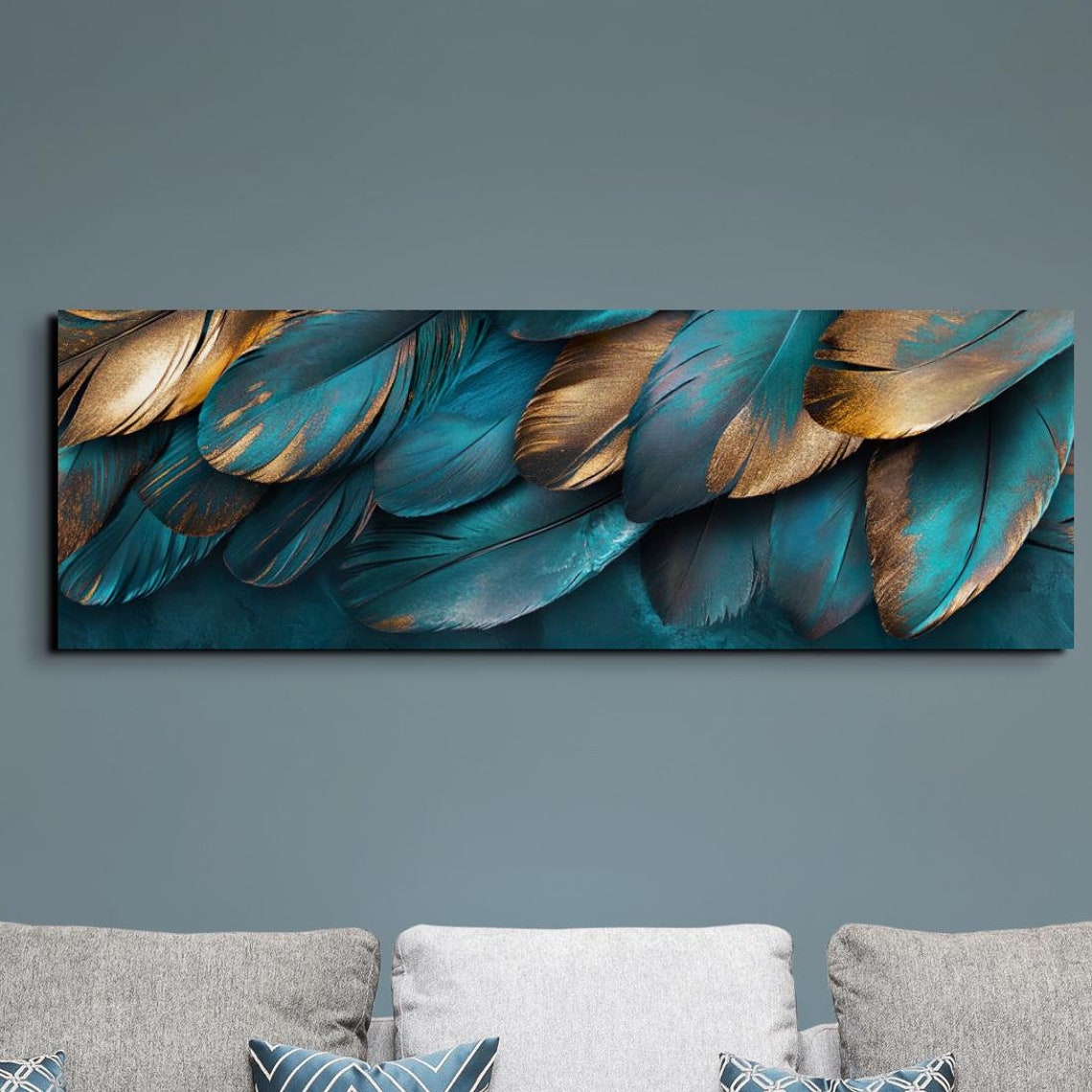 Teal And Gold Feather Close Up Luxury Panoramic Nature Art Poster
