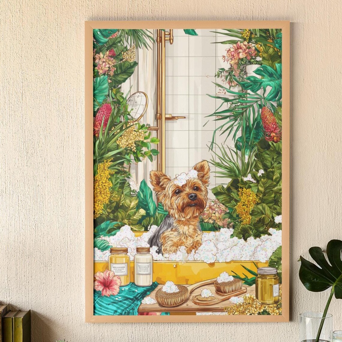 Yorkshire Terrier In Tub Poster Botanical Spa Wall Art Pet Lover Gift