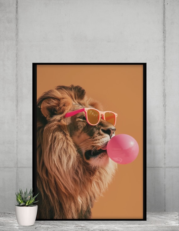 Lion Wearing Pink Sunglasses Blowing Bubble Gum Cool Animal Wall Art Print