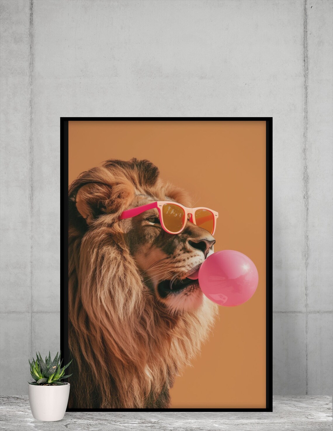Lion Wearing Pink Sunglasses Blowing Bubble Gum Cool Animal Wall Art Print