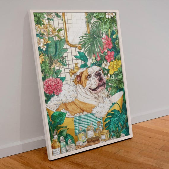 English Bulldog In Tub Illustration Poster Tropical Spa Bathroom Dcor Pet Lover Gift