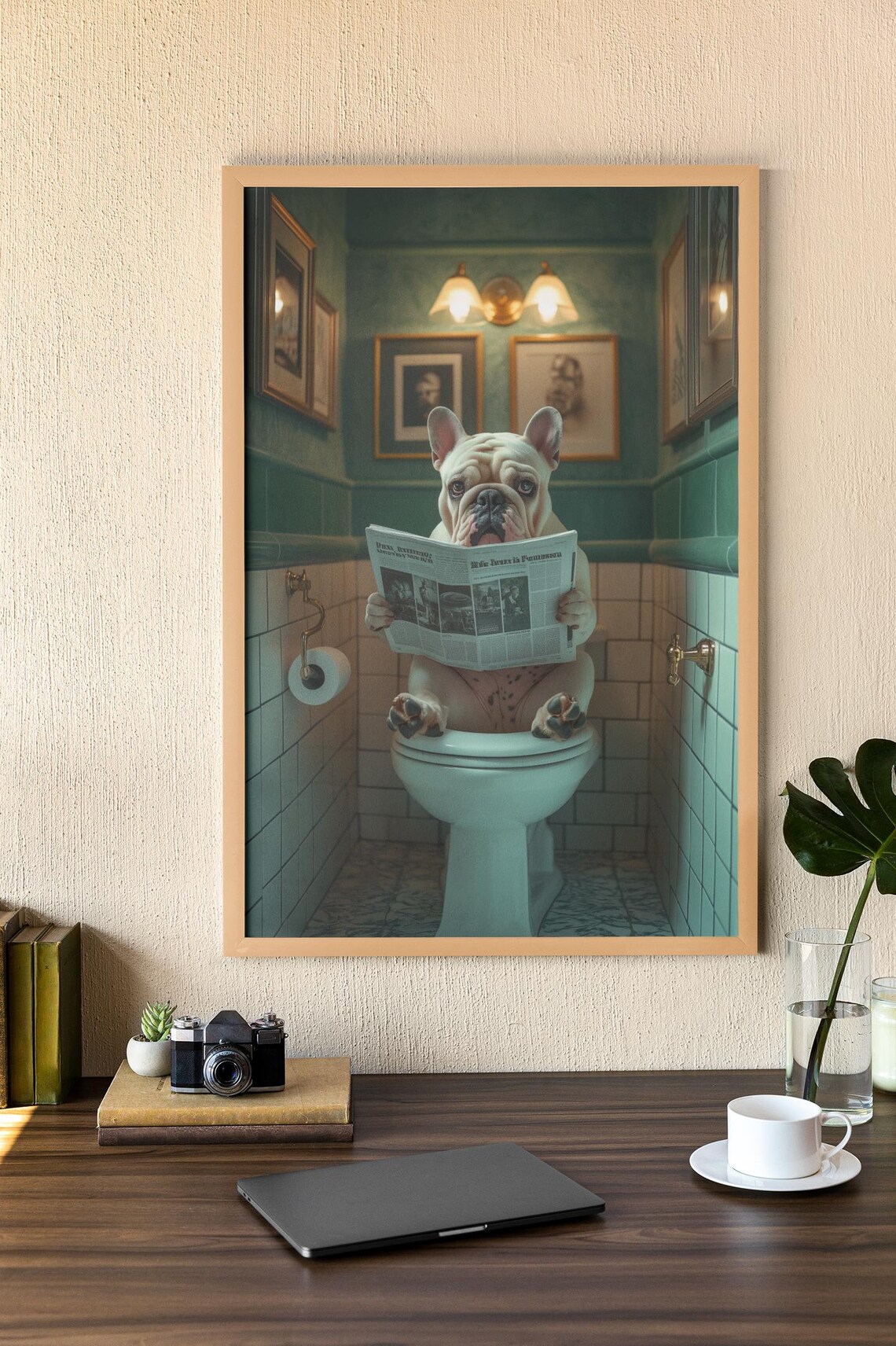 Funny Bulldog Toilet Print, Bathroom Humor Art Print