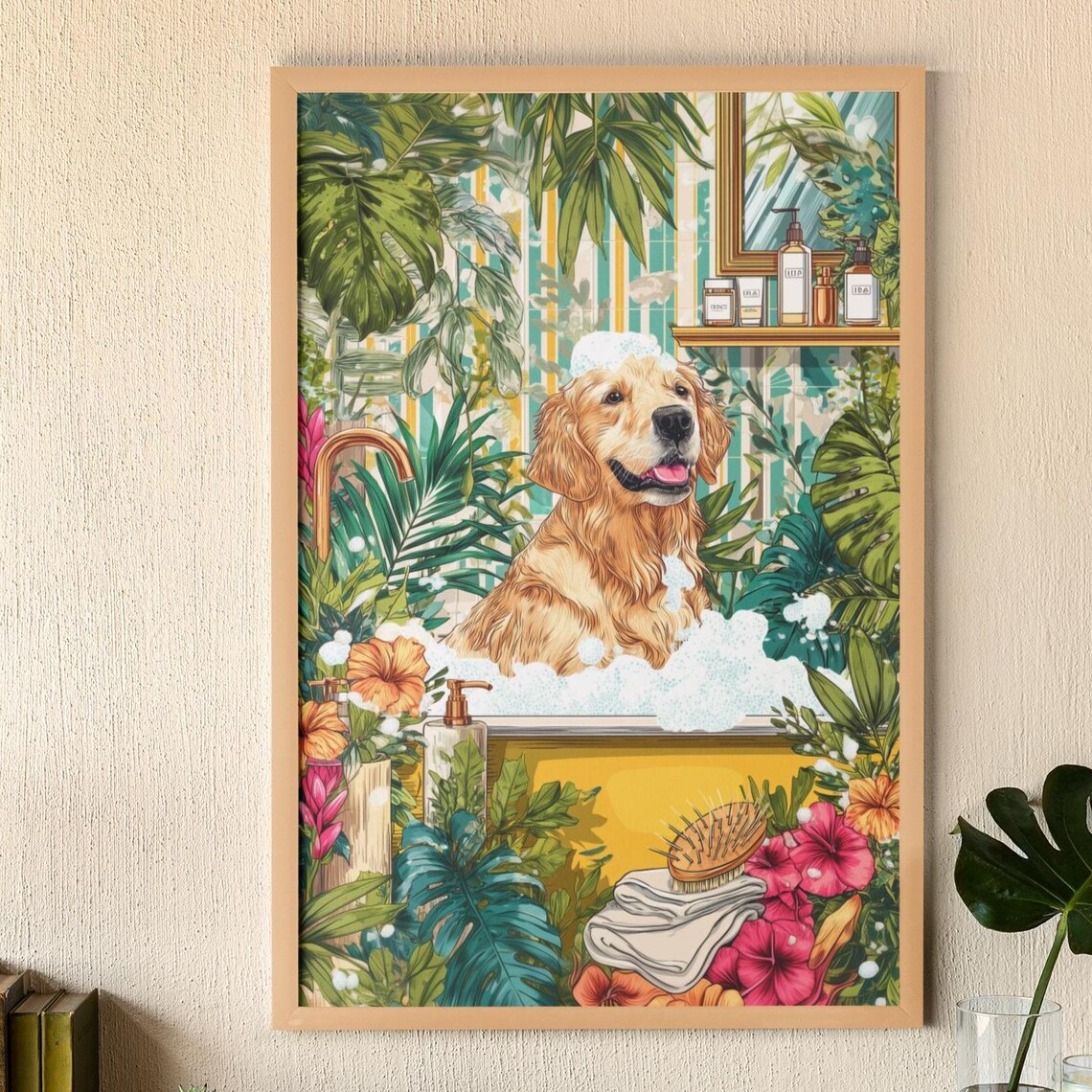 Golden Retriever Bath Art, Funny Dog Bathroom Poster