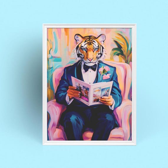Elegant Tiger Art Print Classy In Tuxedo Animal Decor For Home Office