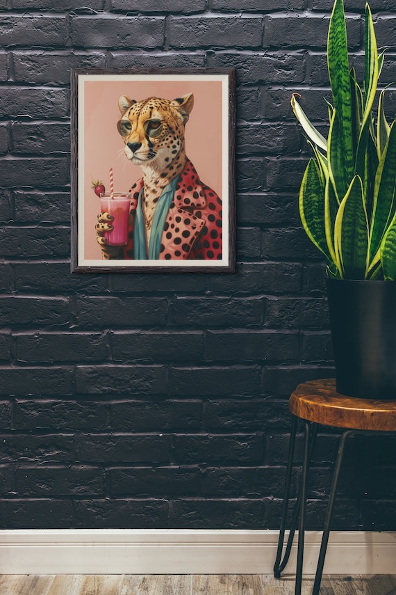 Cheetah In Sunglasses And Leopard Coat Sipping Pink Smoothie Poster
