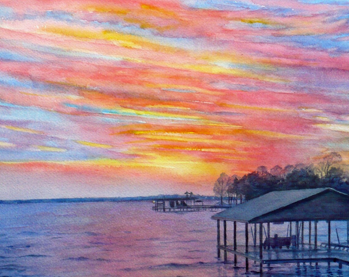Purple Sunset Lake Swimming Watercolor Tranquil Waterscape Art Poster - Image 5