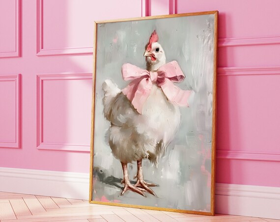 White Chicken With Big Pink Bow Coquette Painting Animal Wall Art