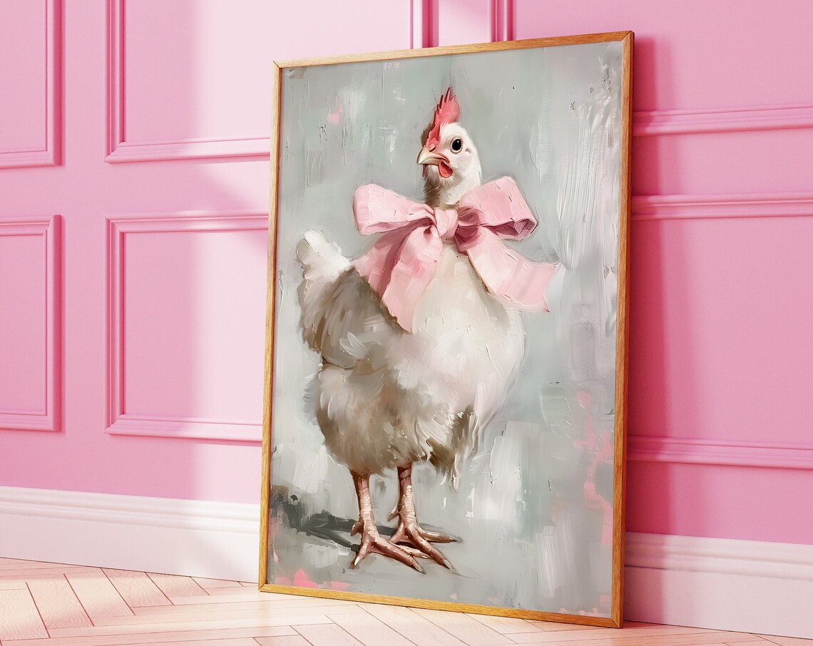 White Chicken With Big Pink Bow Coquette Painting Animal Wall Art