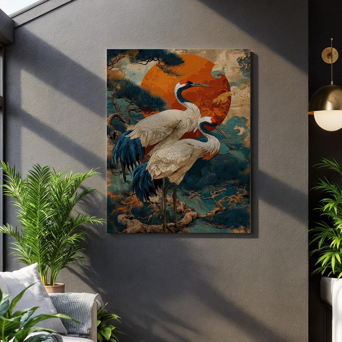Japanese Red Crowned Cranes Rising Sun Wave Asian Art Poster