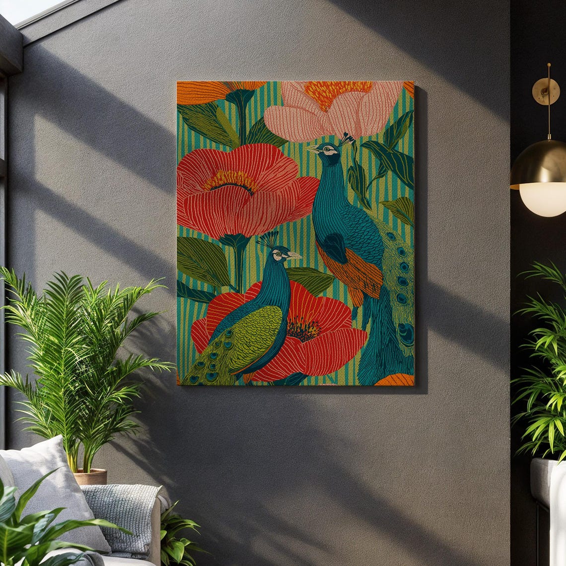 Two Peacocks Poppy Flowers Vibrant Exotic Bird Botanical Wall Print