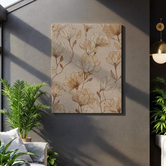 Neutral Botanical Line Art Beige And Brown Floral Canvas Print Minimalist Nature Illustration For Modern Scandinavian Home Decor