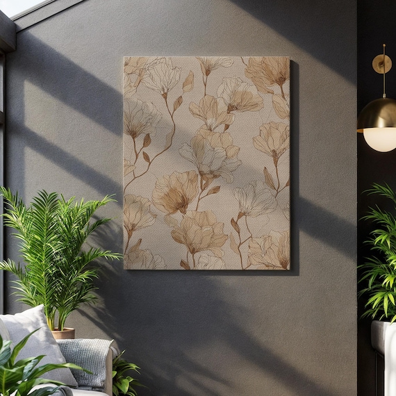 Neutral Botanical Line Art Beige Brown Floral Sketch Elegant Wildflower Wall Poster