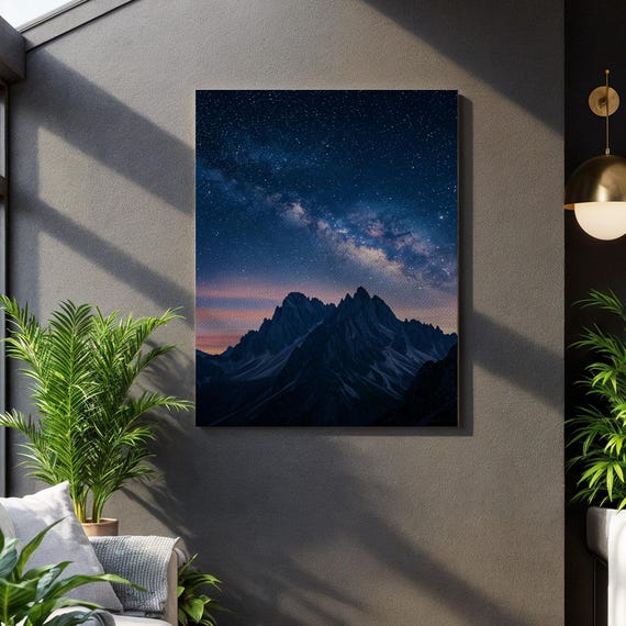Milky Way Over Mountain Canvas Wall Art Night Sky Landscape Print With Stars And Peaks Dark Blue Nature Decor Gift For Stargazers