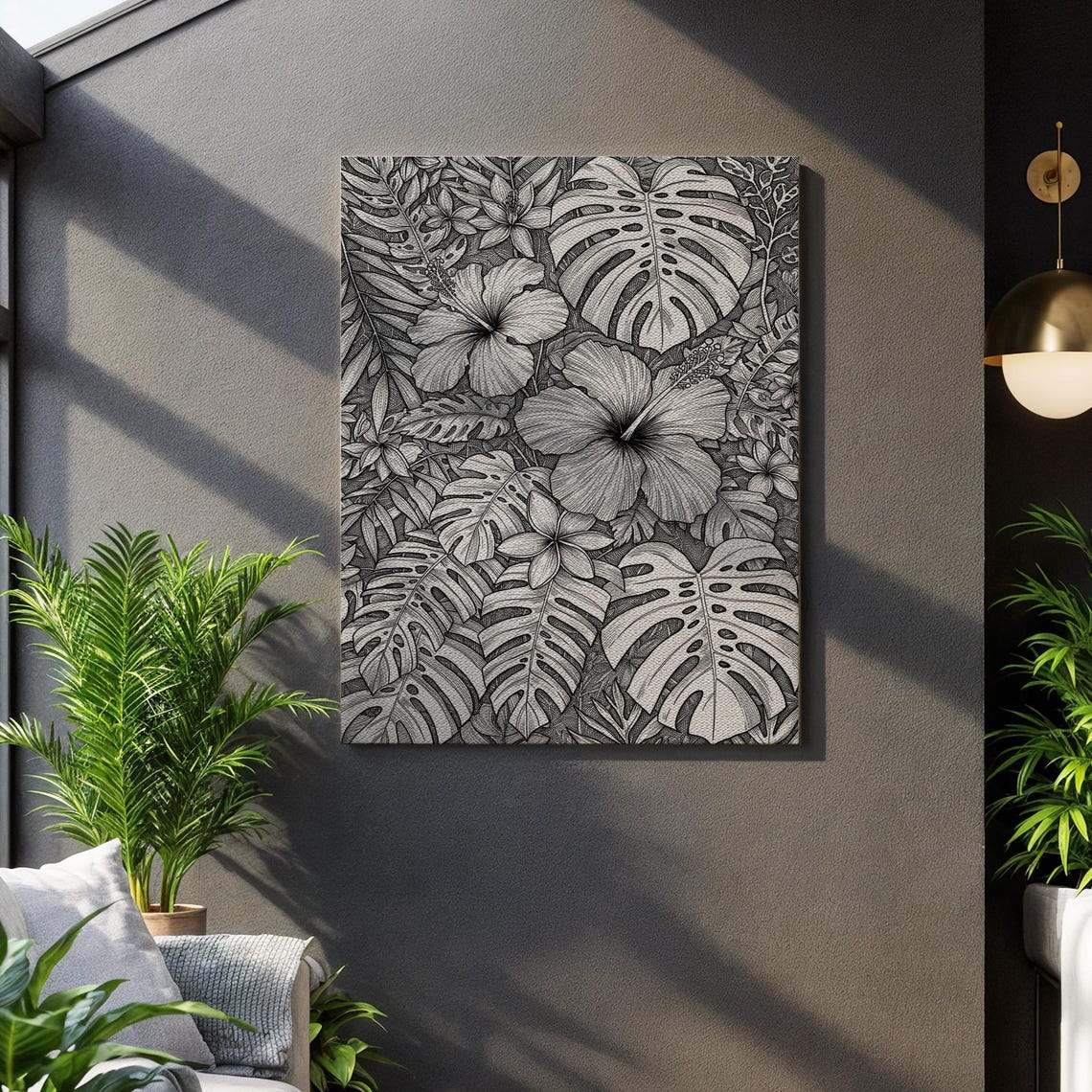 Monstera Hibiscus Black And White Tropical Botanical Line Print