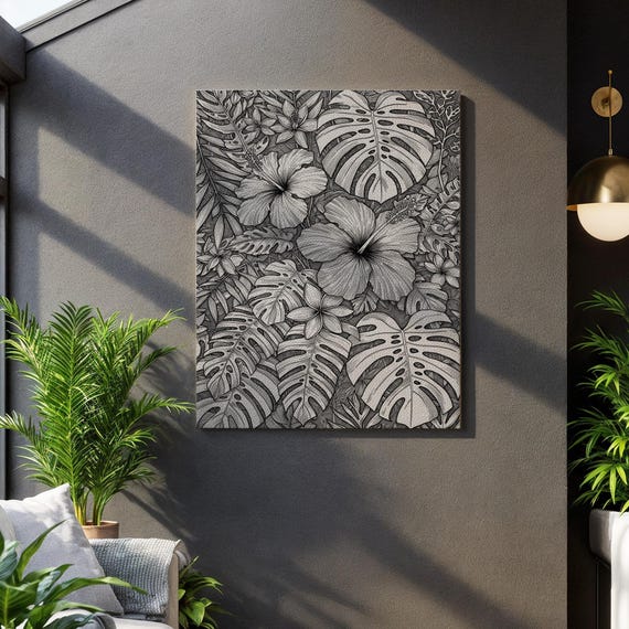 Monstera And Hibiscus Line Art Canvas Black White Botanical Wall Print Tropical Floral Drawing Framed Nature Decor For Modern Homes