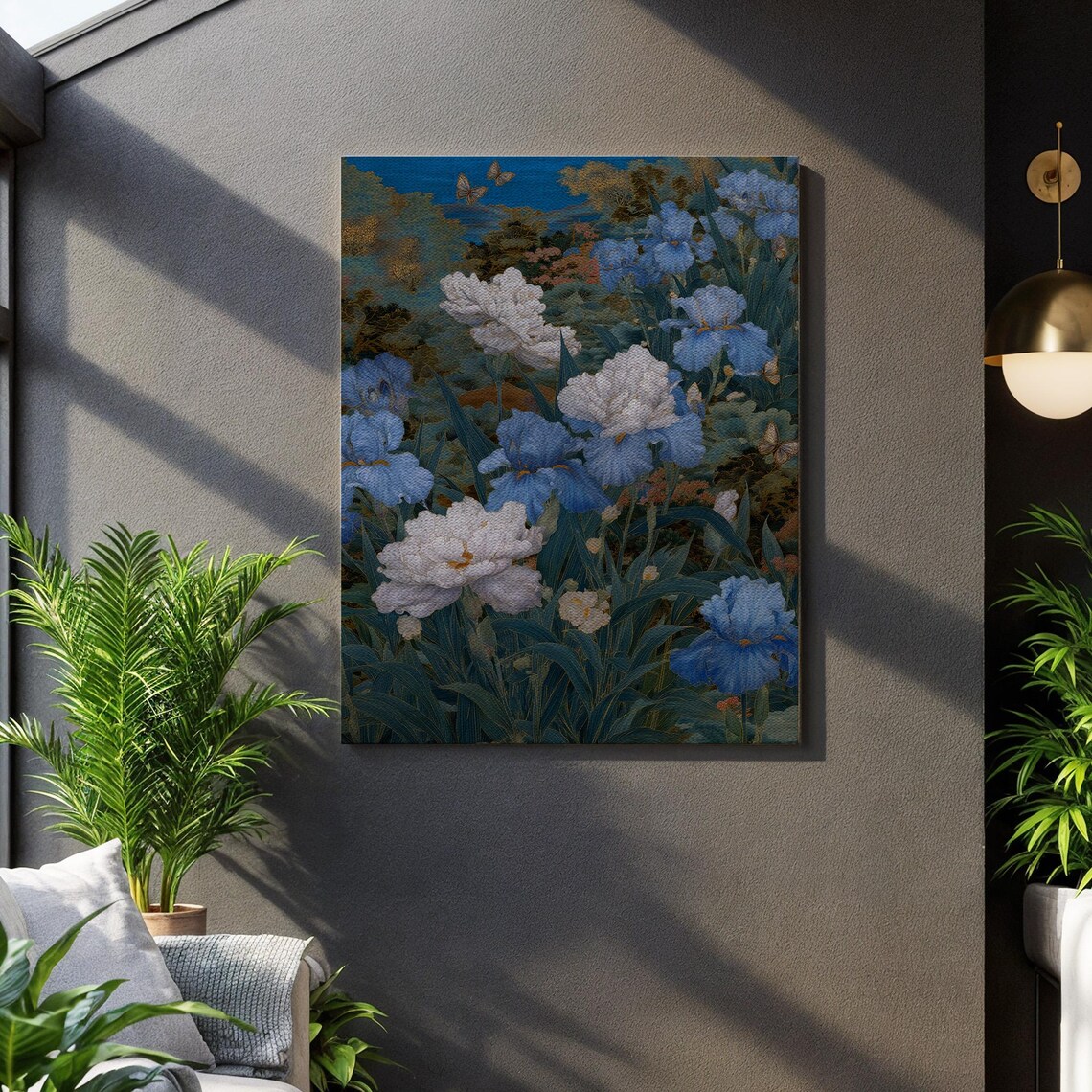 Blue Irises And White Peonies Garden With Butterflies Vintage Botanical Poster