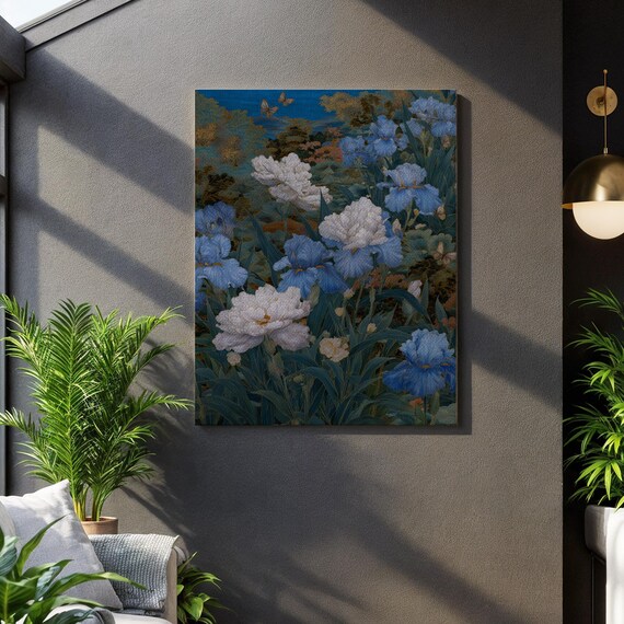 Blue Iris Painting Vintage Floral Art Framed Botanical Print White Peony Canvas Japanese Style Garden Chinoiserie Wall Decor