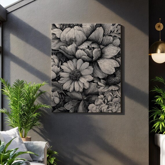 Black And White Floral Canvas Wall Art Detailed Pen Sketch Flower Print Monochrome Botanical Drawing Framed Minimalist Nature Decor