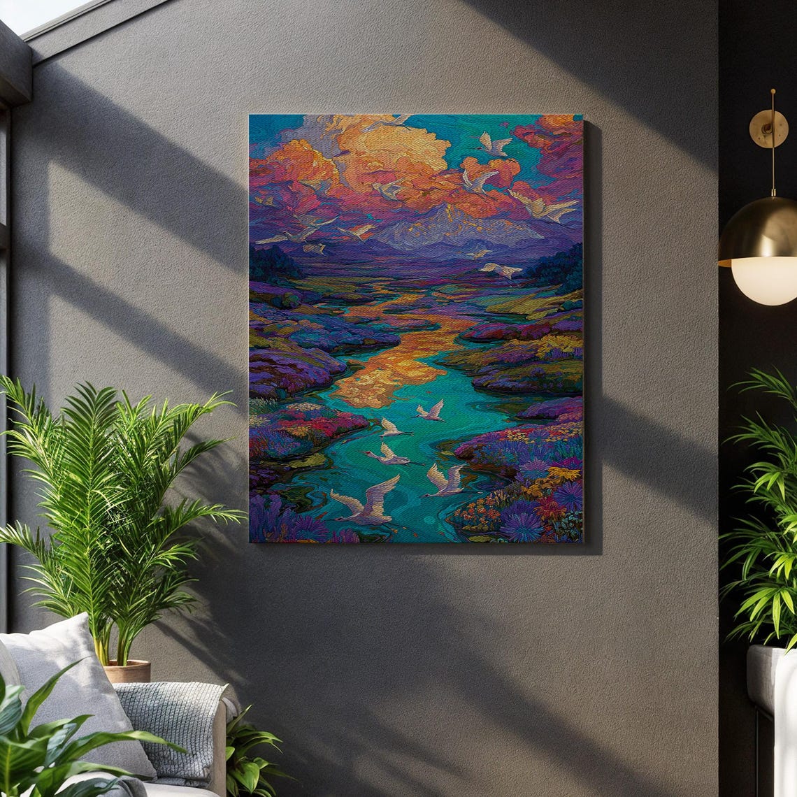 Psychedelic River and Birds Vibrant Dreamy Nature Canvas Wall Art