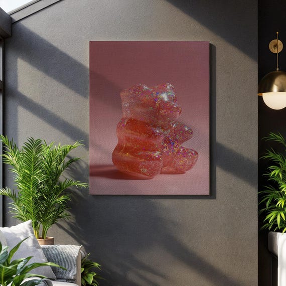 Glitter Gummy Bear Wall Art Pink Candy Pop Realism Canvas Print Playful Sweet Decor For Kitchen Or Living Room Modern Dessert Artwork