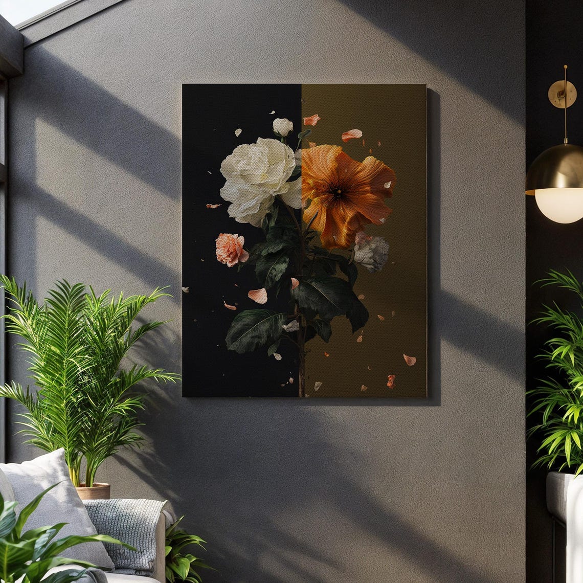 Split Panel Floral Canvas Dark Gold Contrast Botanical Flower Wall Art