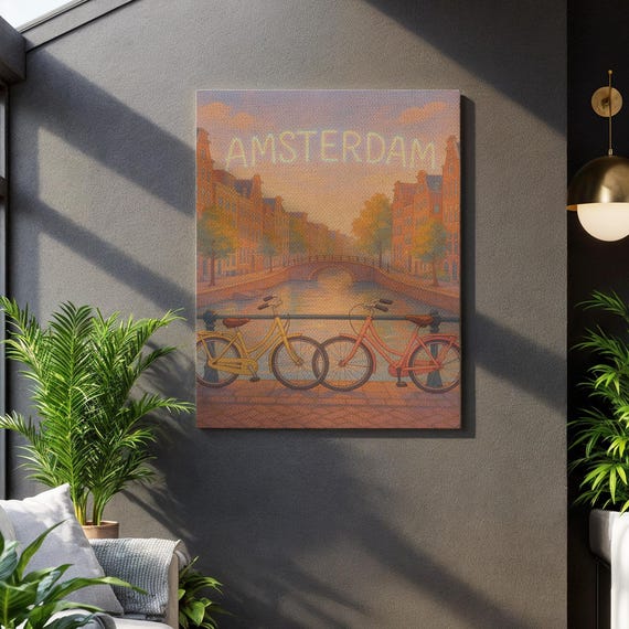 Amsterdam Canal Canvas Wall Art Bike Bridge Travel Print Warm Dutch Cityscape Painting Framed Urban Europe Gift For Cozy Interiors