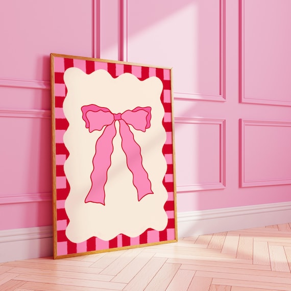 Funky Pink Bow Gingham Border Poster Coquette Ribbon Fashion Room Decor
