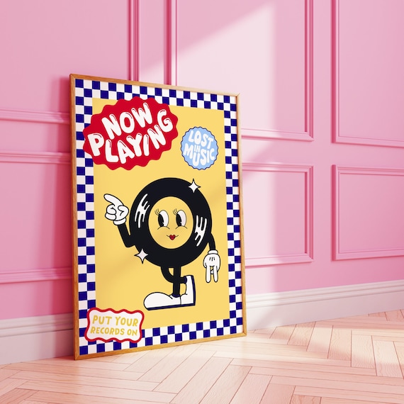 Now Playing Vinyl Record Retro Music Funky Yellow Art Poster