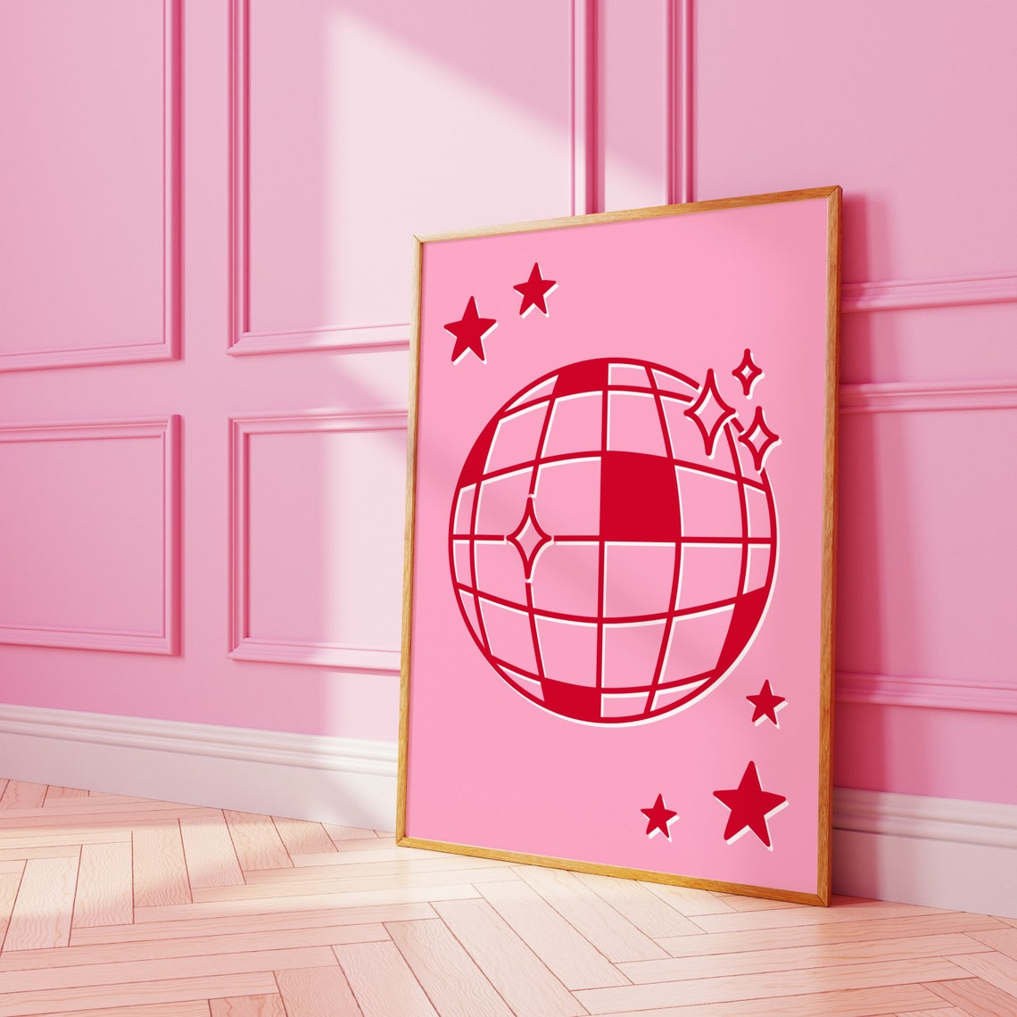 Retro Red Disco Ball Mirror With Stars on Pink Funky Wall Art
