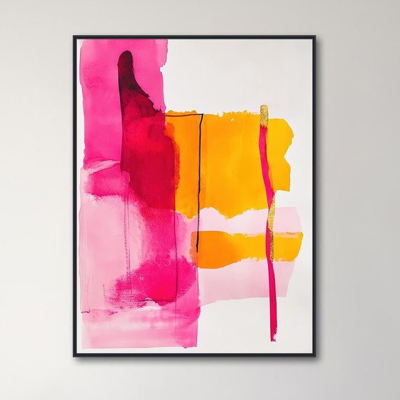 Magenta Gold Abstract Painting Large Minimal Wall Art Framed Or Gicle Print Poured Pink Modern Art Bold Blush