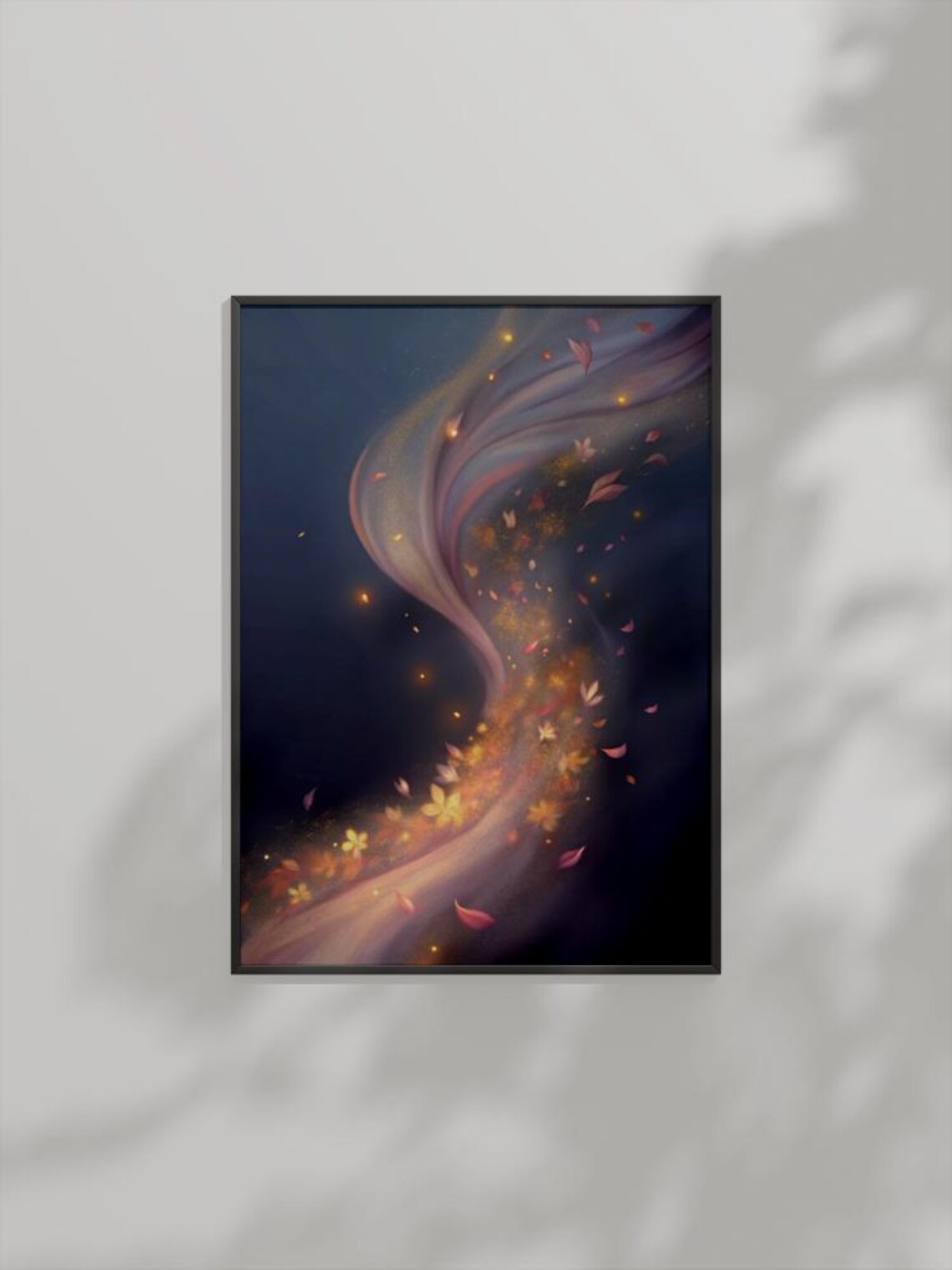 Magical Floral Breeze Petals Dark Blue Whimsical Dreamy Wall Art
