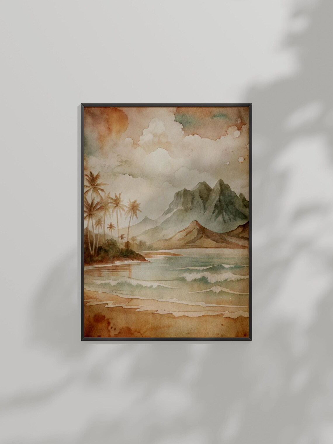 Tropical Beach Palm Trees Watercolor Island Mountain Waves Poster Art