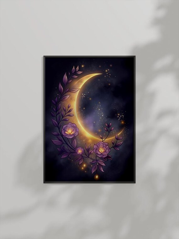 Purple Floral Crescent Moon Art Celestial Botanical Dreamy Night Poster