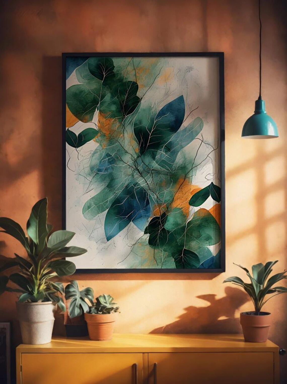 Ethereal Watercolor Leaves Teal Green Organic Botanical Wall Art