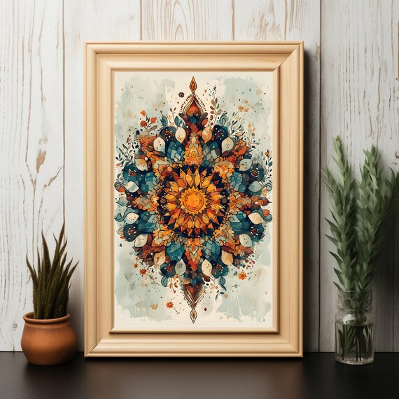 Vibrant Mandala Sun Intricate Teal Orange Patterns Spiritual Wall Art