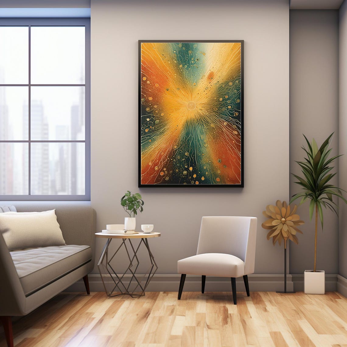 Celestial Burst Golden Rays Teal Orange Cosmic Energy Radiant Wall Art