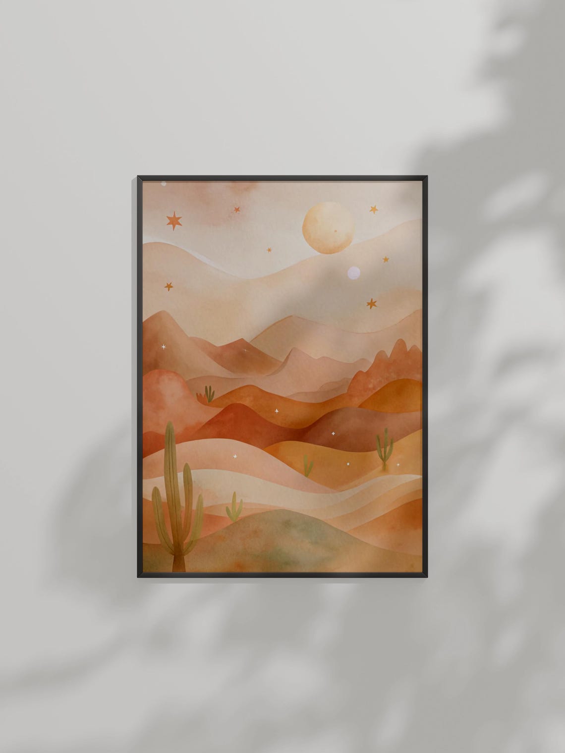 Desert Dreams Watercolor Poster Soft Dunes Saguaro Cacti Sun And Stars