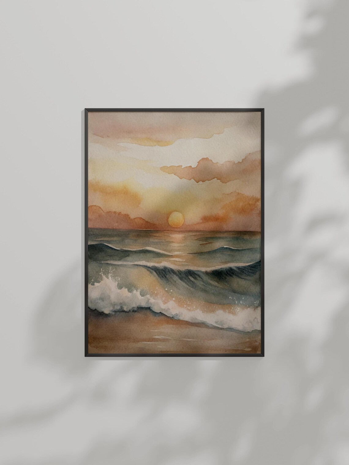Golden Sunset Ocean Waves Watercolor Beach Seascape Art Poster