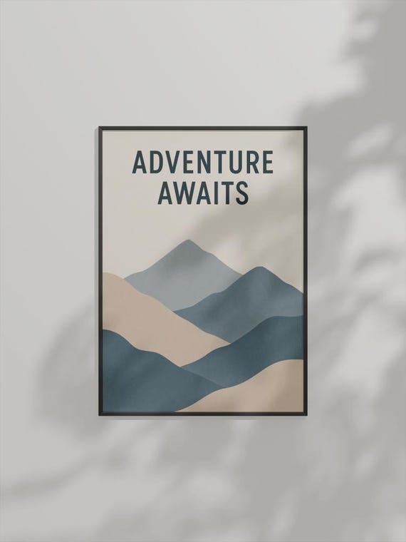 Adventure Awaits Wall Art Minimalist Mountain Neutral Landscape Travel Quote