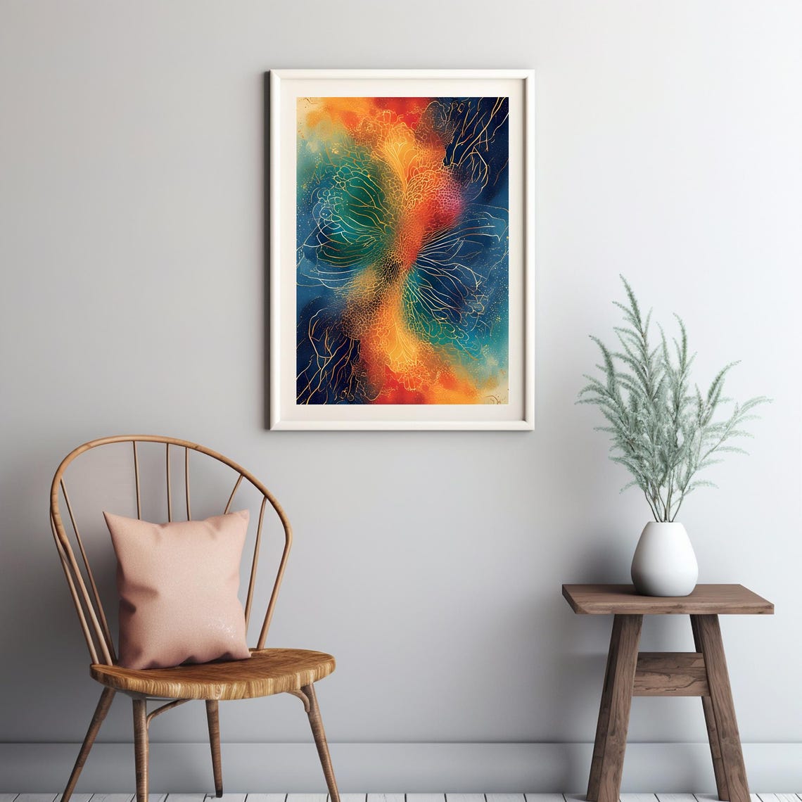 Vibrant Floral Butterfly Gold Navy Abstract Dreamy Wings Wall Art
