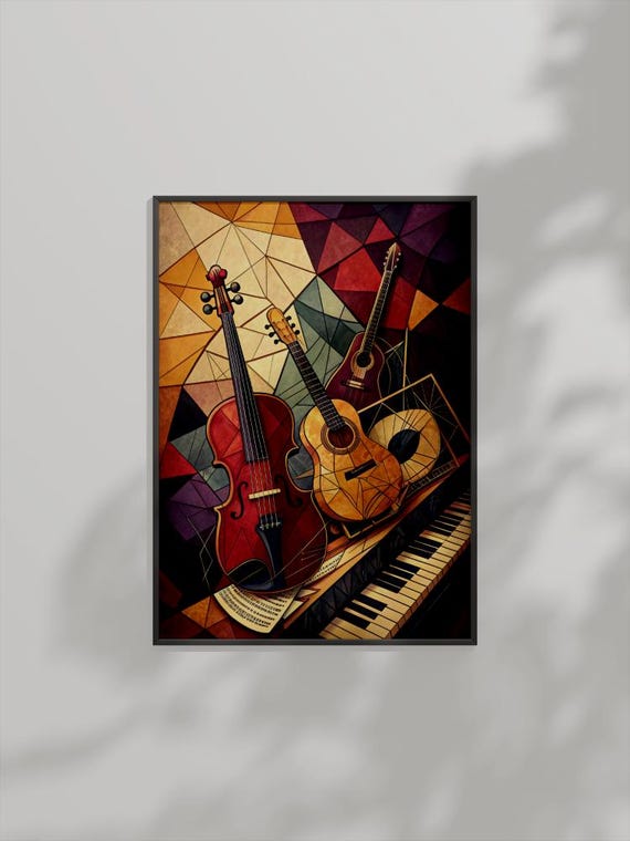 Geometric Music Instrument Art Abstract Violin Guitar Piano Print Bold Colorful Wall Decor