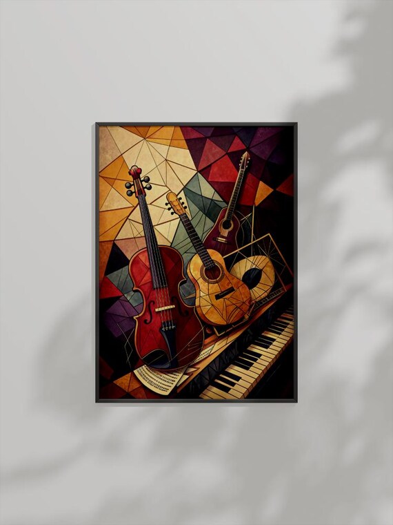 Geometric Music Instruments Art Violin Guitar Piano Stained Glass Poster