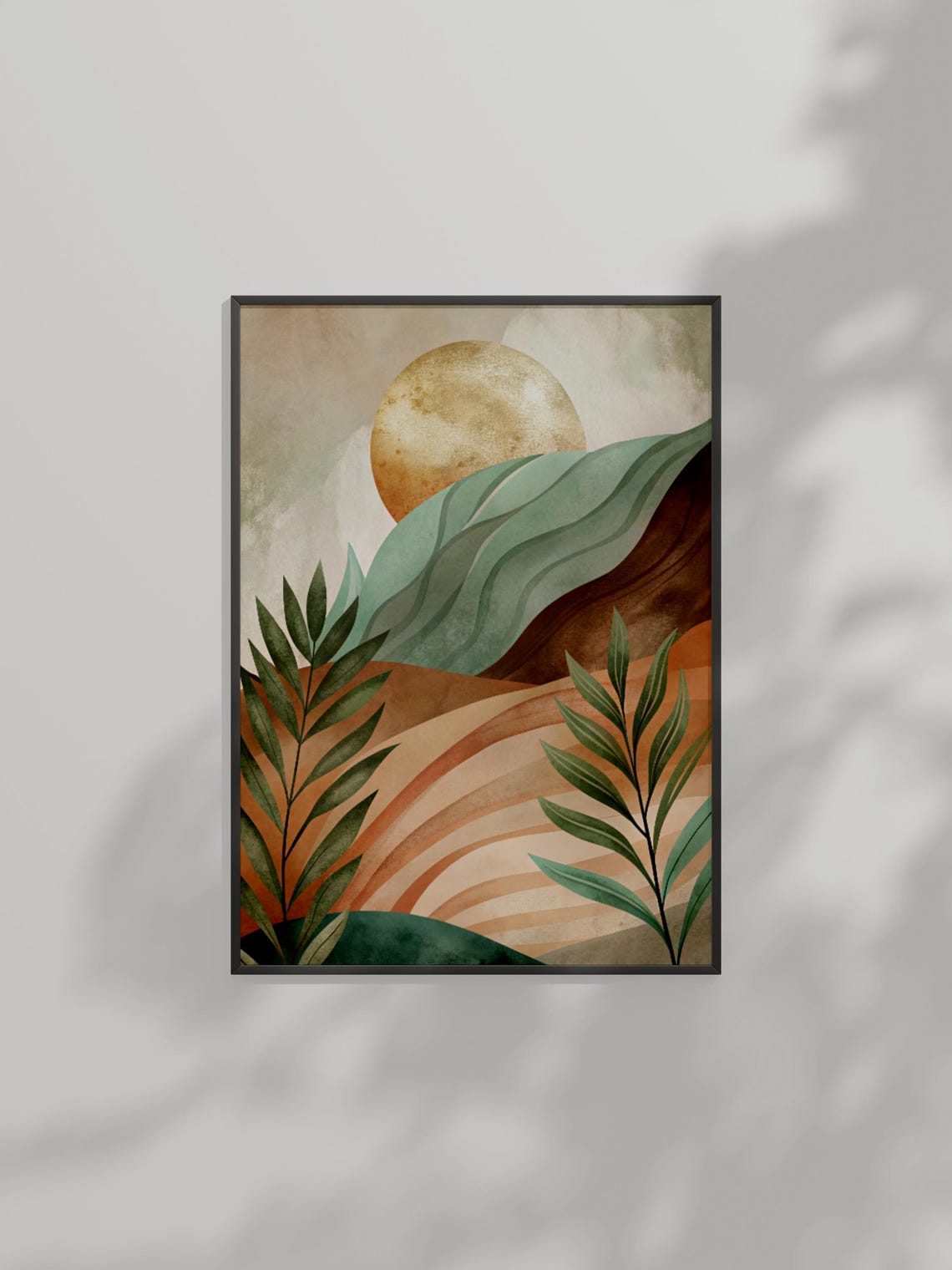 Golden Moon Over Rolling Teal and Rust Hills Palm Fronds Art Poster